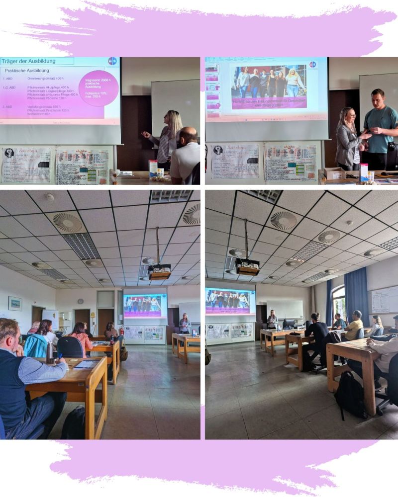 Collage mit vier Schnappschüssen aus Klassenraum bei Vortrag 