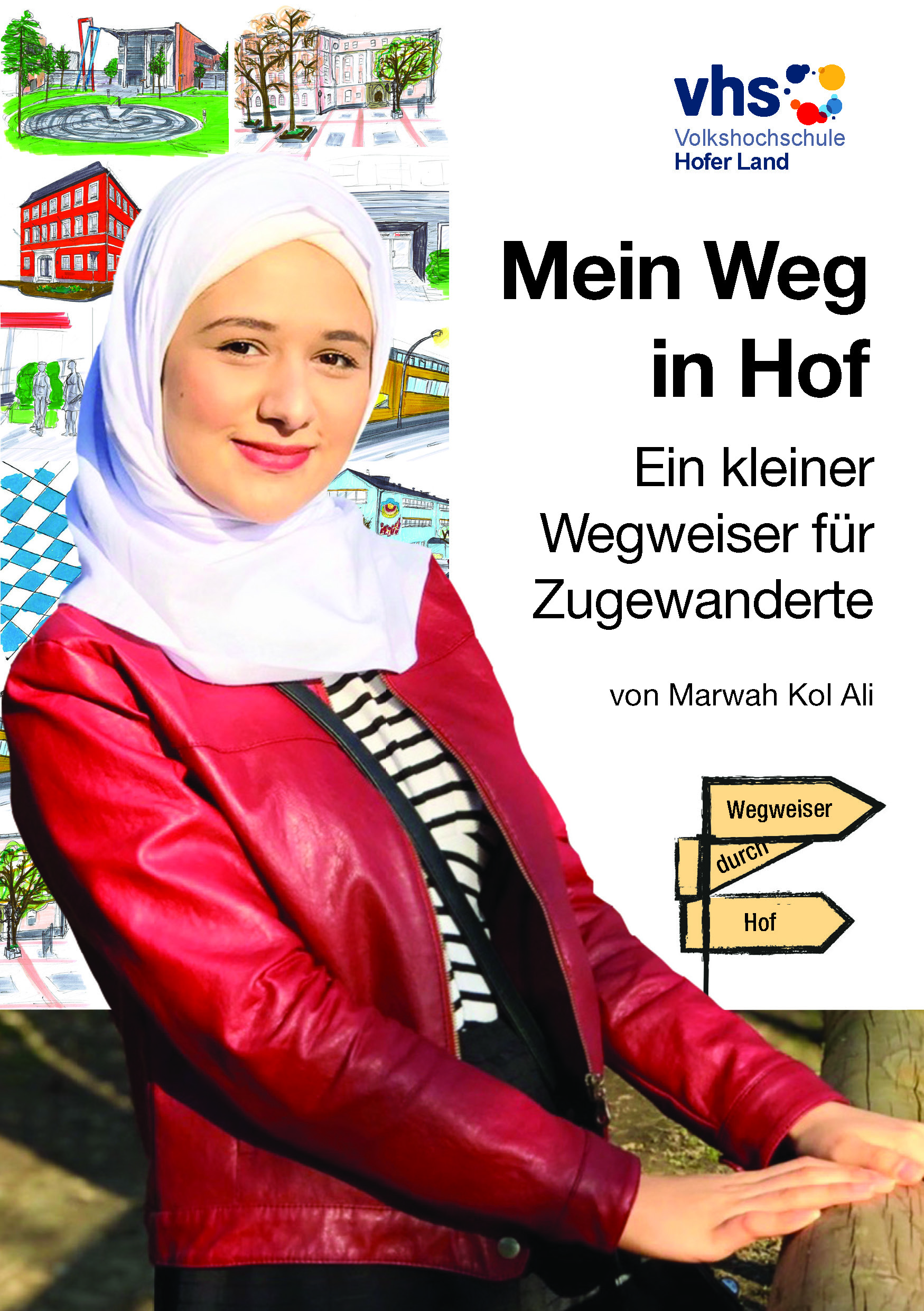 Im Vordergrund einer Broschüre sieht man eine junge moderne Frau mit Kopftuch 