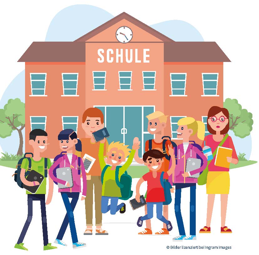 © Lizenziert bei Ingram Images Grafik mit Kindern, Jugendlichen, Erwachsenen vor Schulgebäude