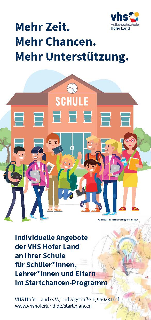 Titelbild des Flyers mit Grafik mit Kindern, Jugendlichen, Erwachsenen vor Schulgebäude